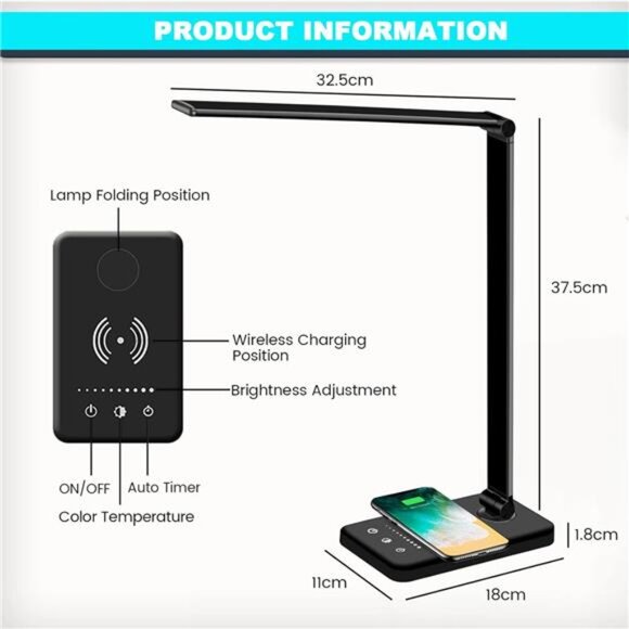 LED Desk Lamp with Wireless Charger, USB Charging Port, 10 Brightness, 5 Color - Picture 5 of 7